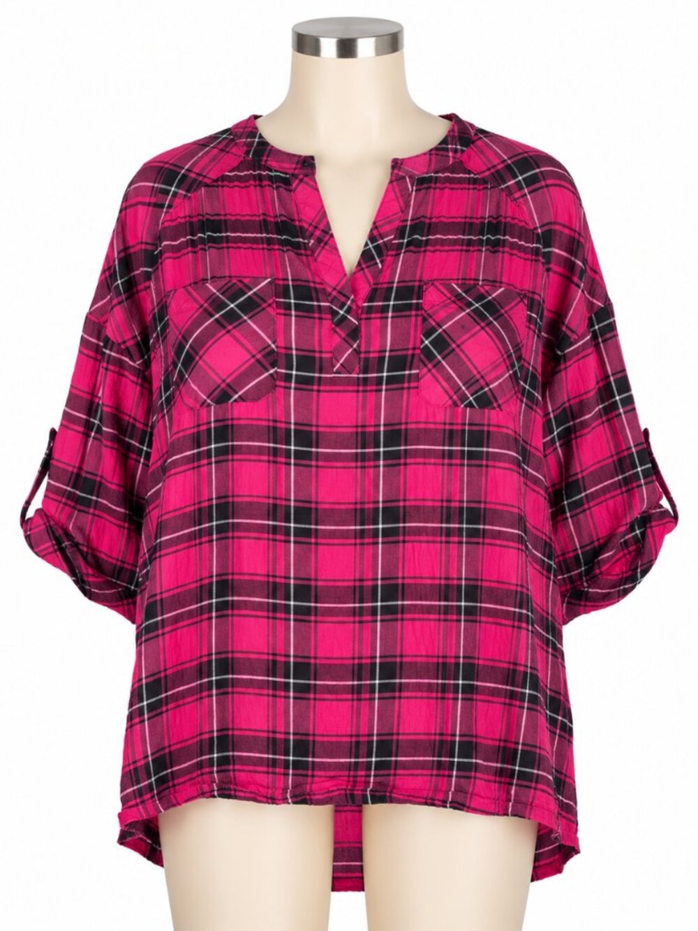 Free‎ People Shirt Red Black Plaid Tunic Top V Neck 3/4 Sleeve Grunge Size Small
